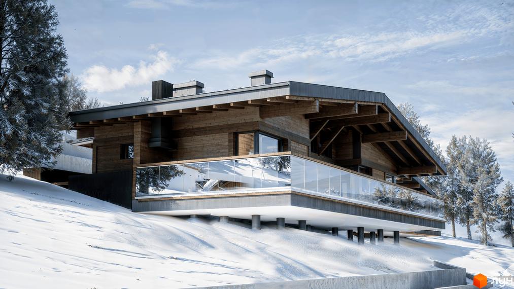 КМ Veres Hill: дерев'яний будинок з панорамним склінням на схилі гори, оточений засніженими деревами. Сучасний котеджний комплекс у гірській місцевості.