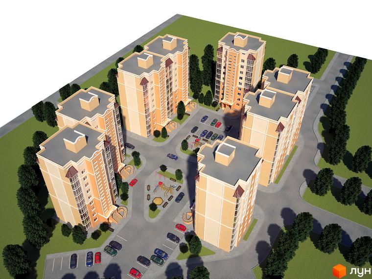 Житловий комплекс Суворівський з висоти. На території є парковка, дитячий майданчик та зелена зона.