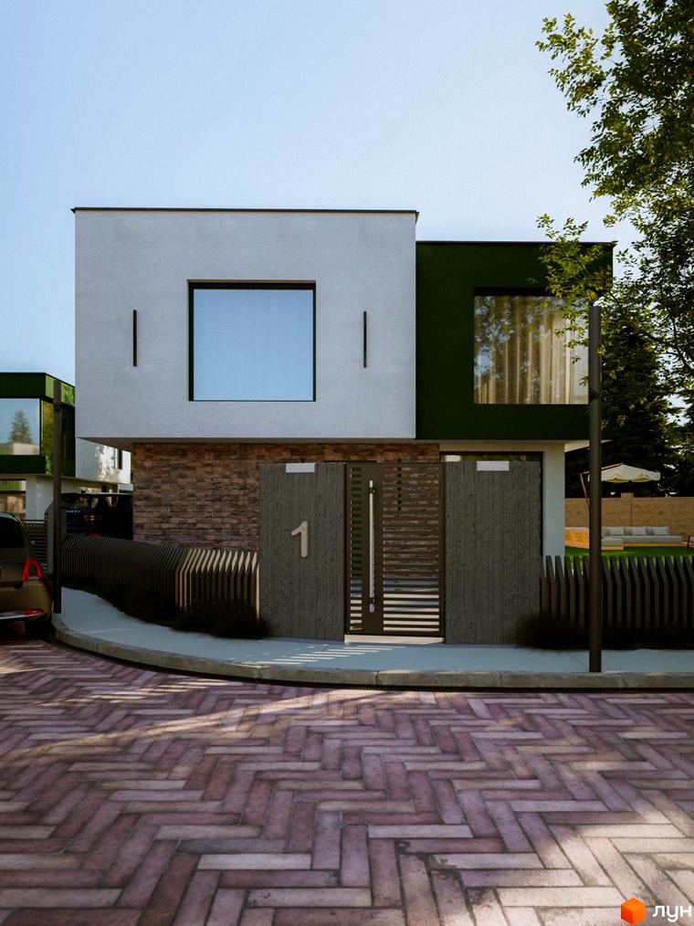 Сучасний котеджне містечко Barcelona з двома поверхами, білою та зеленою фасадною частиною, великими вікнами та цегляною кладкою. Прибудинкова територія з бруківкою та зеленими насадженнями.