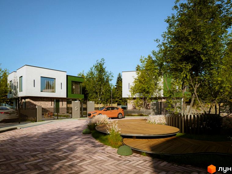 Котеджне містечко Barcelona: двоповерхові будинки з білими та зеленими фасадами, великими вікнами, розташовані на брукованій вулиці з дерев'яною терасою та зеленими насадженнями.