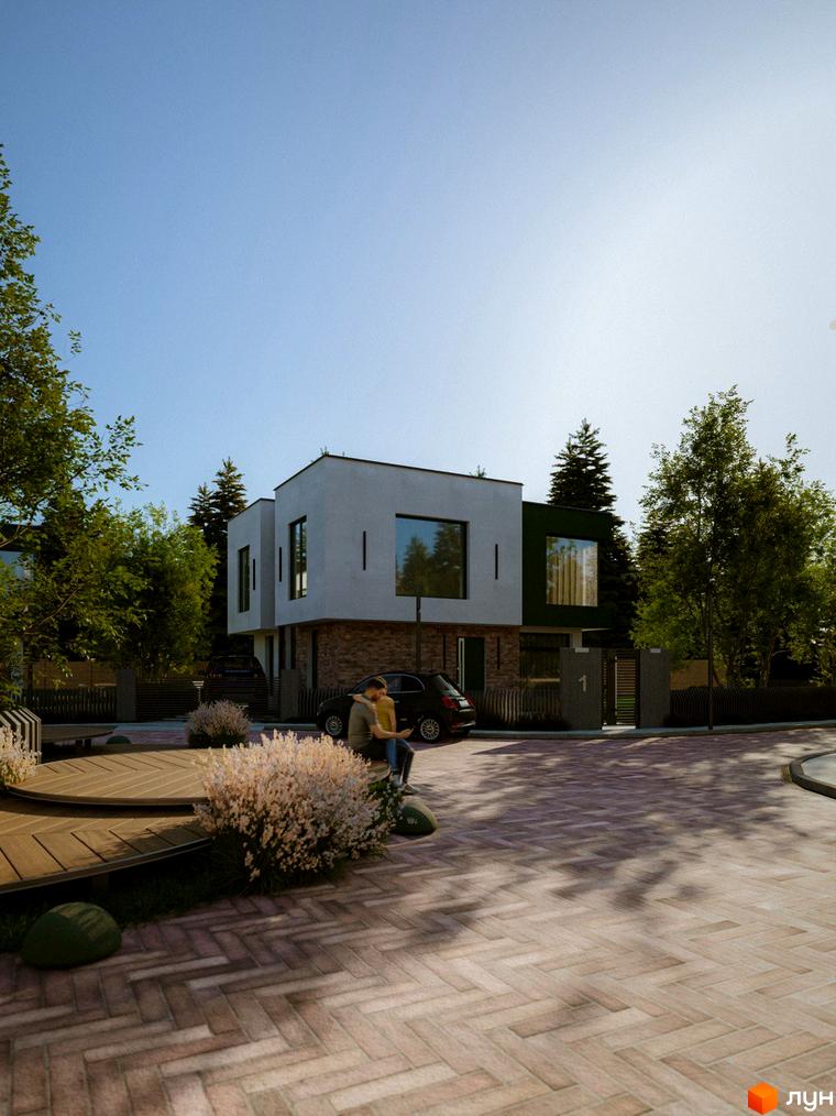 Котеджне містечко Barcelona: двоповерховий будинок з цегляним цоколем та великими вікнами, розташований на брукованій території з деревами та кущами.