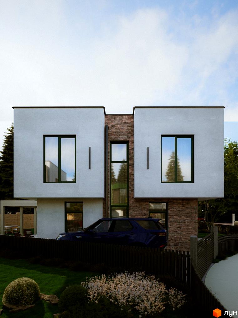 Котеджне містечко Barcelona: двоповерховий будинок з великими вікнами та цегляною вставкою, зелена галявина та паркан. Паркування автомобіля біля будинку.