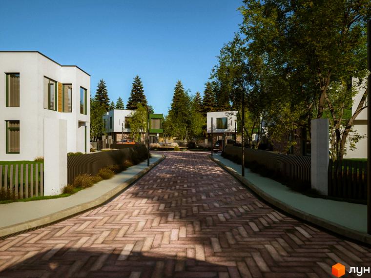 Котеджне містечко Barcelona: білі будинки з панорамними вікнами та зелені дерева вздовж вулиці з бруківки.