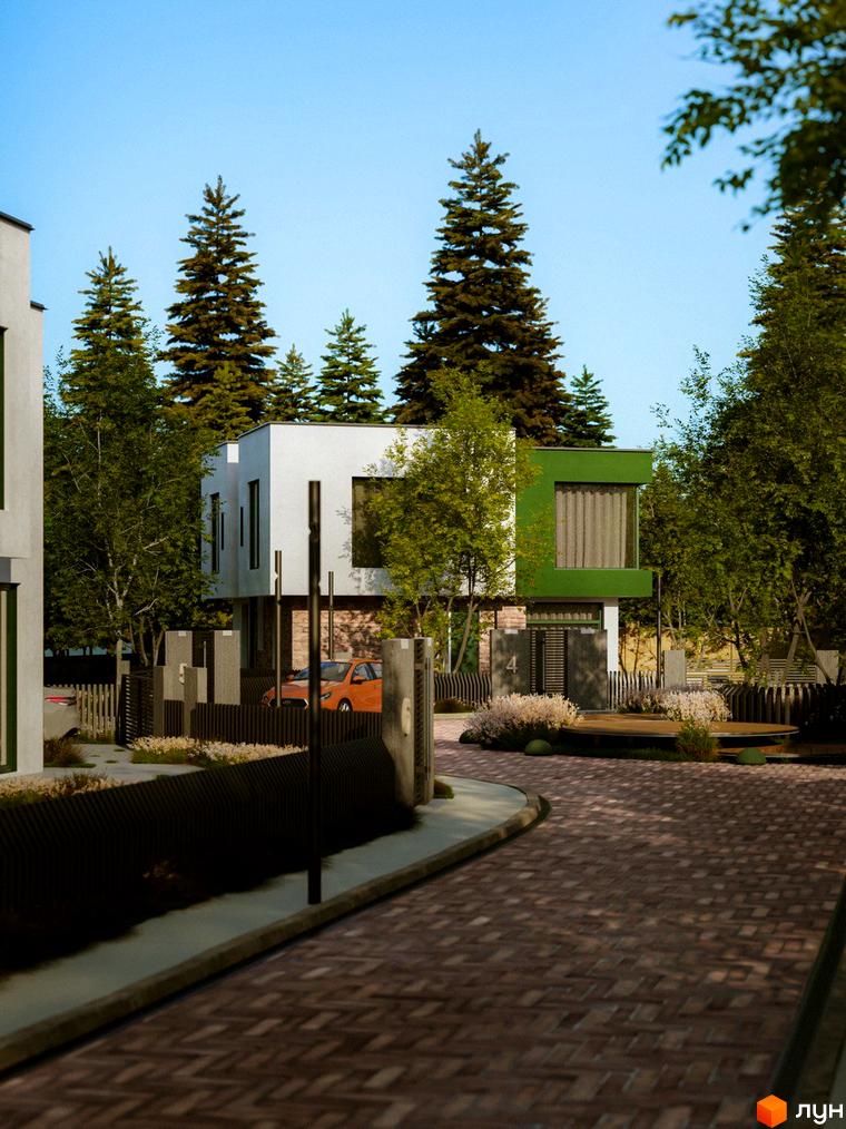 Котеджне містечко Barcelona: двоповерхові будинки з білими та зеленими фасадами, огороджена територія з бруківкою та деревами.