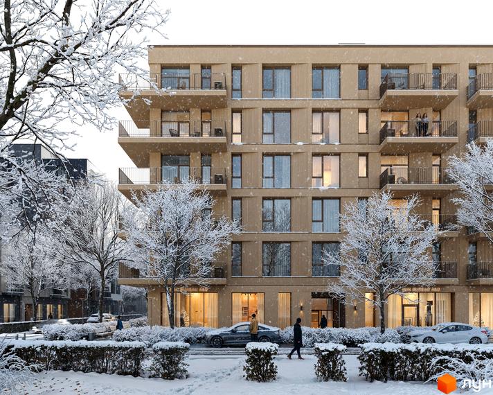Зовнішній вигляд новобудови ЖК Avalon Yard Club взимку з засніженими деревами та прибудинковою територією. Будинок має багатоповерхову структуру з балконами та великими вікнами.