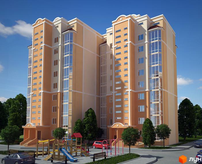 Житловий комплекс Суворівський з сучасним фасадом та великими вікнами. Прибудинкова територія з дитячим майданчиком та зеленими насадженнями.