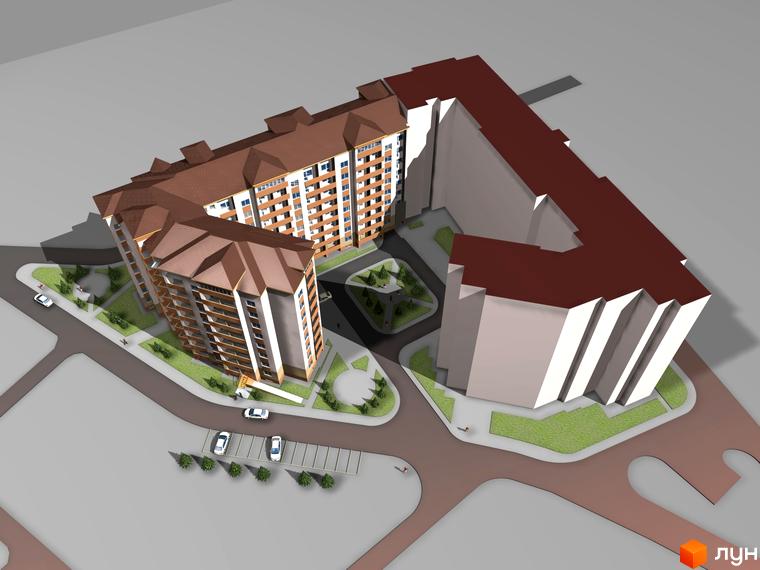 Зображення Житлового комплексу по пров. Ключний, 3. Вид зверху на будівлю з коричневим дахом та прибудинкову територію з парковкою.