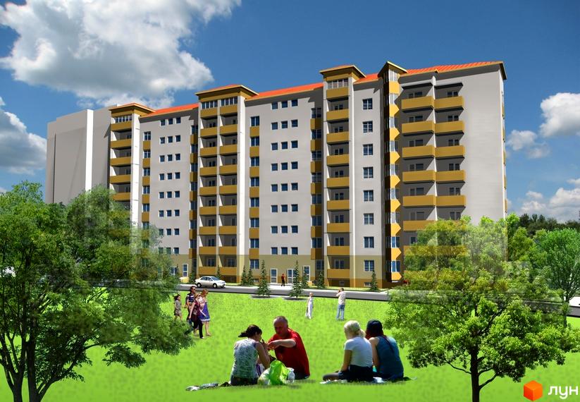 Зображення будинку на пров. Ключний, 3. Багатоповерхівка з балконами на фоні зеленого газону та дерев.