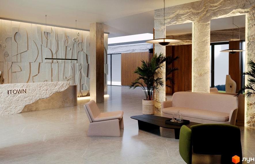 Сучасний дизайн рецепції житлового комплексу ITown ART Apartments з арт-об'єктами та зручними зонами відпочинку. Просторий хол з натуральними матеріалами та рослинами.
