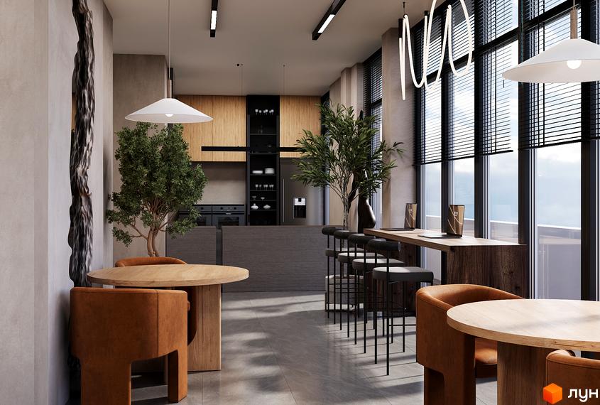 Інтер'єр кухні в квартирі житлового комплексу ITown ART Apartments з дерев'яними меблями, рослинами та великими вікнами з видом на місто.