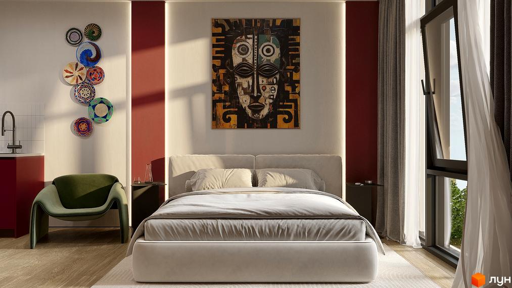 Інтер'єр спальні в ЖК ITown ART Apartments з великим ліжком, картиною на стіні та вікном з видом на зелень. Світлий дизайн з акцентами.