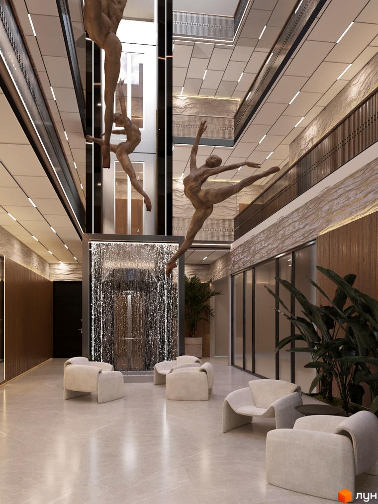 Сучасний інтер'єр ITown ART Apartments з водоспадом та скульптурами. Просторий хол з дизайнерськими меблями та рослинами.