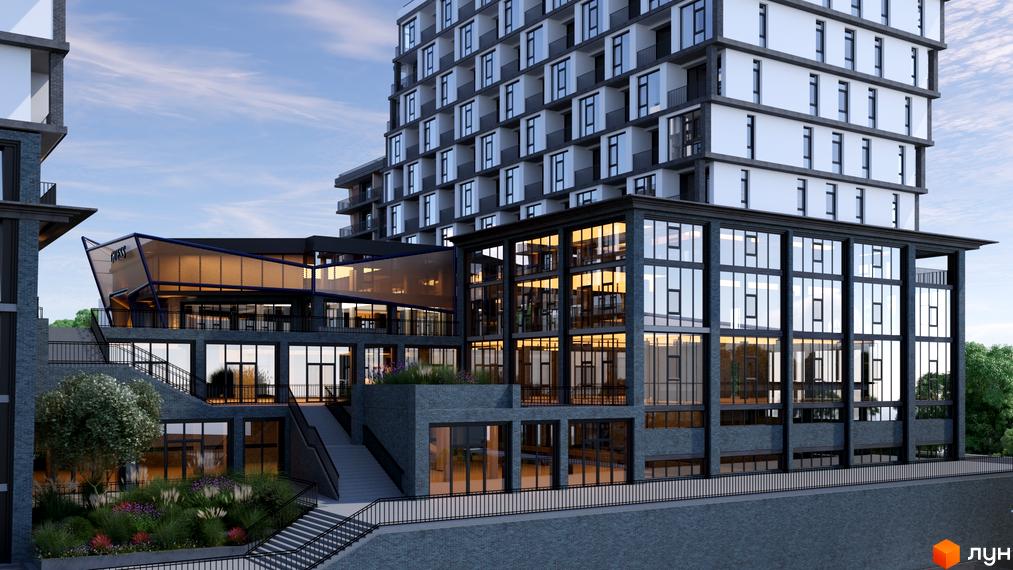 Зображення житлового комплексу ITown ART Apartments. Багатоповерховий будинок з панорамними вікнами та терасами, поруч сходи та зелені насадження.