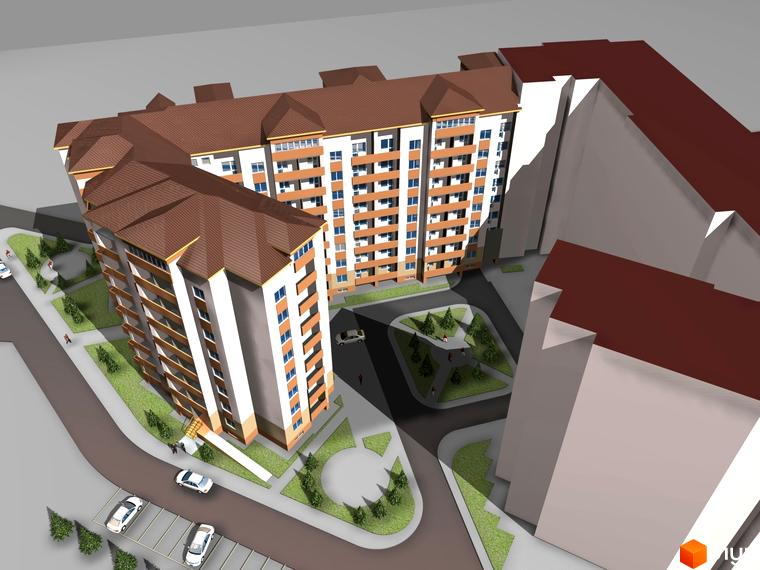 Зображення Житлового комплексу по провулку Ключний, 3. Вигляд багатоповерхового будинку з прибудинковою територією та паркінгом.