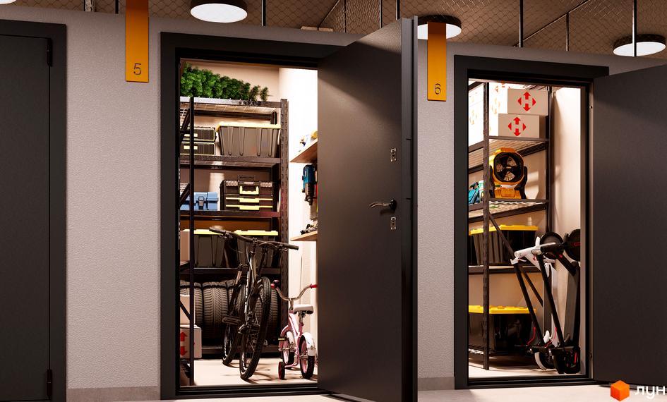 Житловий комплекс NAGIRNIY HOUSE: індивідуальні кладові приміщення з полицями для зберігання велосипедів та побутових речей.