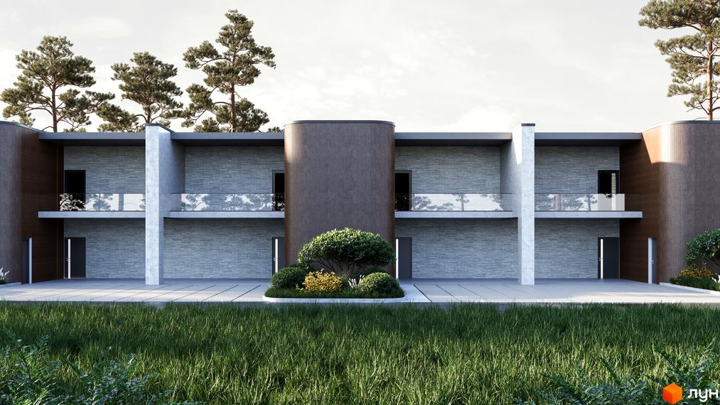 Котеджне містечко КМ The LAGODA Mental Residence. Сучасна двоповерхова будівля з сірою цегляною облицовкою, балконами зі скляними огорожами та доглянутою прибудинковою територією з деревами.