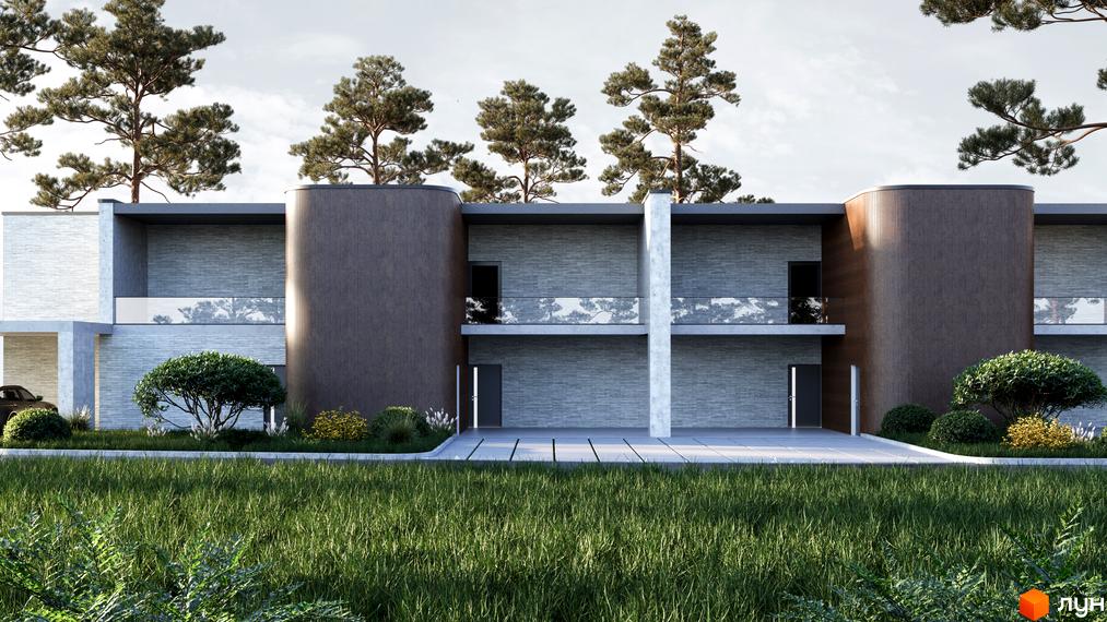 Котеджне містечко The LAGODA Mental Residence з сірим цегляним фасадом, дерев'яними вставками та балконами. Навколо зелений газон і високі сосни.