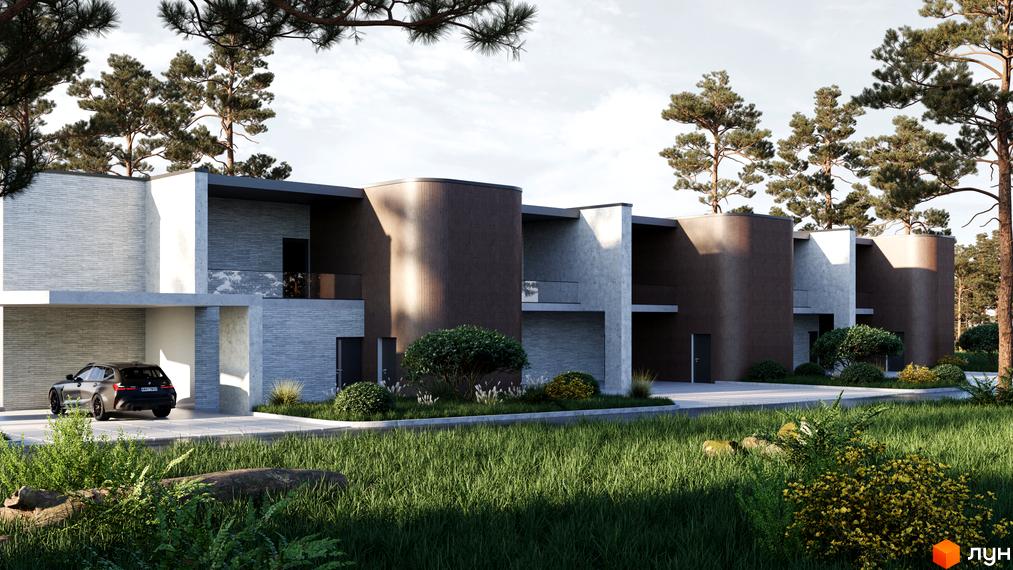 Ряд котеджів Котеджне містечко The LAGODA Mental Residence з фасадами з сірої цегли та темних панелей. Перед будинками зелений газон та сосни.