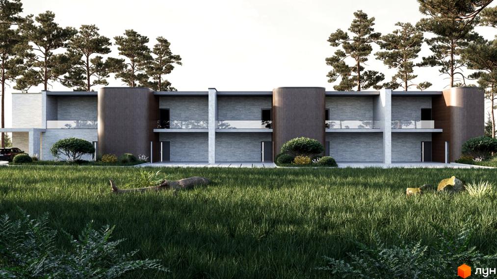 Котеджне містечко КМ The LAGODA Mental Residence - сучасна архітектура з дерев'яними елементами та великими вікнами на тлі соснового лісу. Прибудинкова територія вкрита густою зеленою травою.