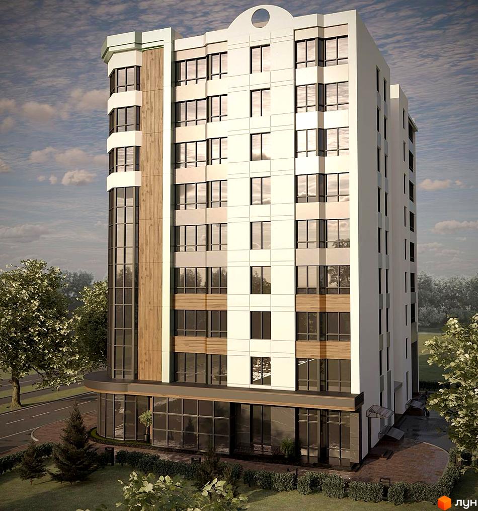 Багатоповерхова новобудова зі світлим фасадом, великими вікнами та дерев'яними елементами на бічній частині. Прибудинкова територія озеленена кущами та деревами.