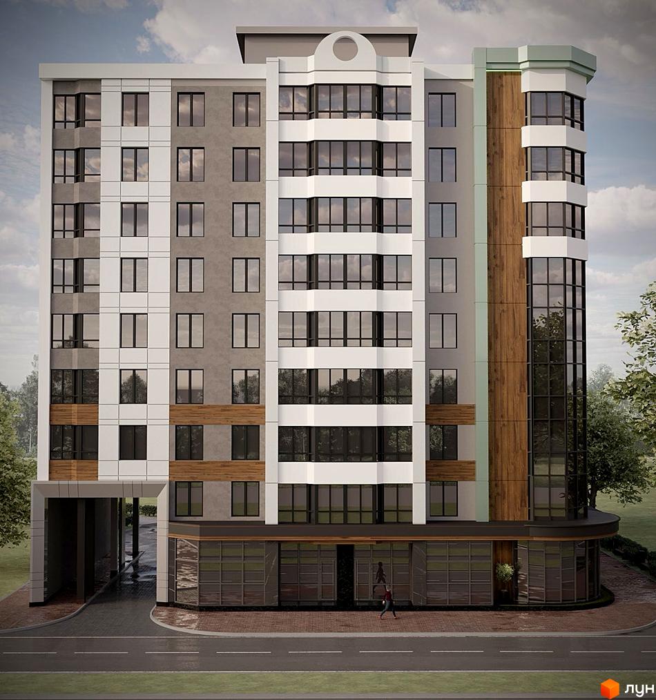 Зображення Новобудови на бульв. Шевченка, 184, 186 з багатоповерховим фасадом, великими вікнами та комерційними приміщеннями. Попереду дорога і тротуар.