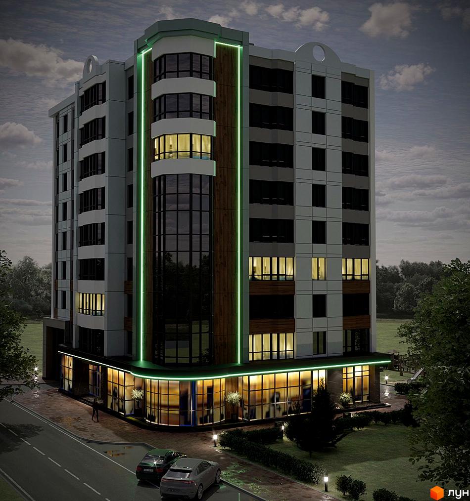 Багатоповерховий житловий будинок з підсвіченими вікнами та зеленими світловими лініями на фасаді. Поруч дорога, автомобілі, зелені насадження та дитячий майданчик.