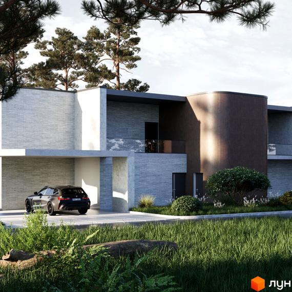 Котеджне містечко КМ The LAGODA Mental Residence з сірою цегляною обробкою та дерев'яними елементами, з автомобілем біля входу та зеленою прибудинковою територією.