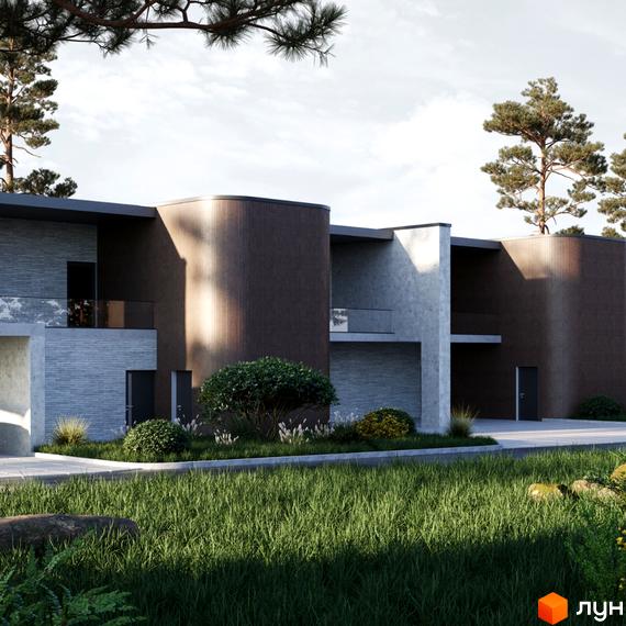 Фасад Котеджного містечка The LAGODA Mental Residence з вигнутими темно-коричневими панелями та світло-сірими стінами. Навколо будинку доглянутий газон та зелені насадження.