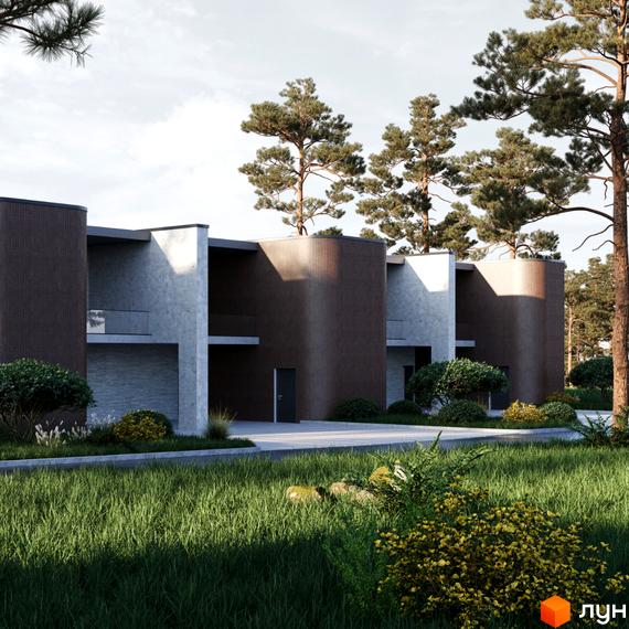 Котеджний комплекс КМ The LAGODA Mental Residence з темними та світлими фасадами, оточений зеленню та деревами. Навколо новобудови облаштована прибудинкова територія з газоном та кущами.