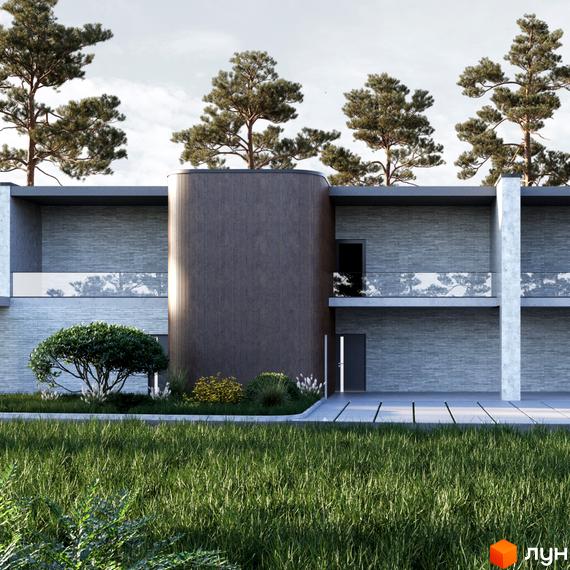 Котеджне містечко The LAGODA Mental Residence - це сучасна двоповерхова будівля з сірою цегляною облицовкою та дерев'яними елементами, оточена зеленню та деревами.