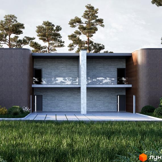 Котеджне містечко The LAGODA Mental Residence: двоповерховий будинок з сірою цегляною кладкою, дерев'яними панелями та зеленим газоном.