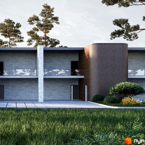 Фасад будинку Котеджного містечка The LAGODA Mental Residence з сірої цегли та дерев'яними панелями, оточений зеленим газоном і деревами.