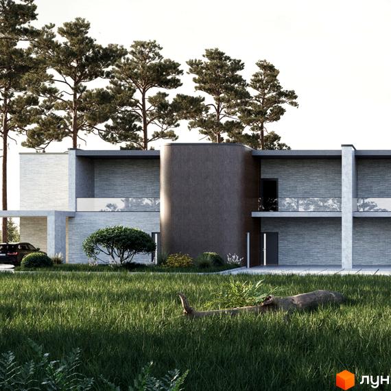 Котеджне містечко КМ The LAGODA Mental Residence - двоповерхова будівля з сірого каменю та дерева, оточена зеленою травою та деревами.