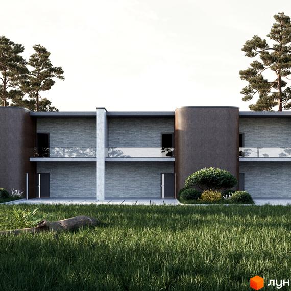 Котеджне містечко КМ The LAGODA Mental Residence - це двоповерхові будинки з сірою цегляною облицовкою та скляними балконами, оточені зеленню та деревами.