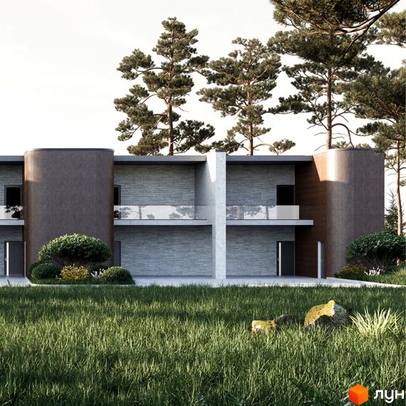 Котеджне містечко The LAGODA Mental Residence. Фасад будинку поєднує темні округлі елементи та світлу цегляну кладку, оточений зеленим газоном та соснами.