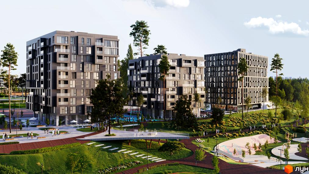 Житловий комплекс Five Address з унікальною архітектурою та просторою прибудинковою територією з парковою зоною та дитячими майданчиками.