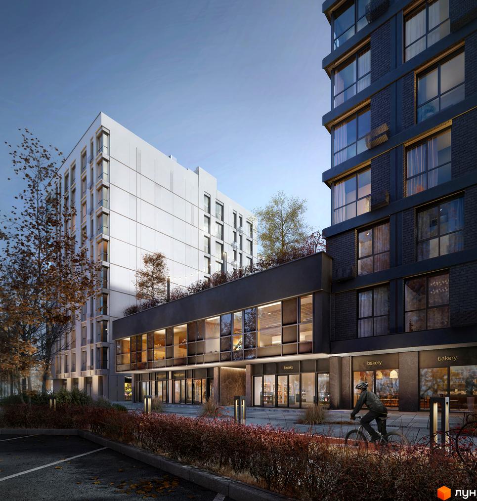 Будівельний проєкт ORLAN RESIDENTS з білою та темно-сірою фасадною обробкою, великими вікнами та комерційними приміщеннями на першому поверсі. Навколо будинку розташована прибудинкова територія з деревами та кущами.