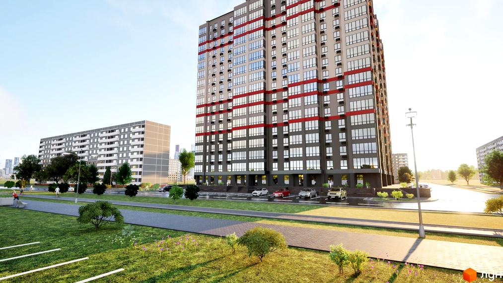 Житловий комплекс Перлина Дніпра - це висотна будівля з сірими та червоними фасадами, що розташована біля зеленої зони з доріжками та деревами.