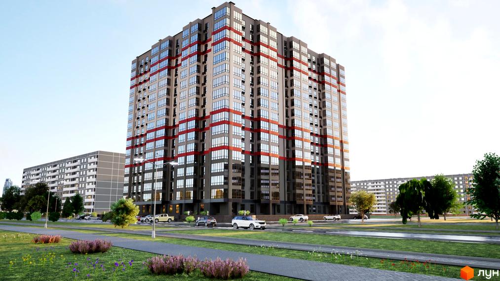 Зовнішній вигляд будинку ЖК Перлина Дніпра з червоними смугами та численними вікнами, на тлі блакитного неба. Прибудинкова територія з зеленими насадженнями та дорогою.