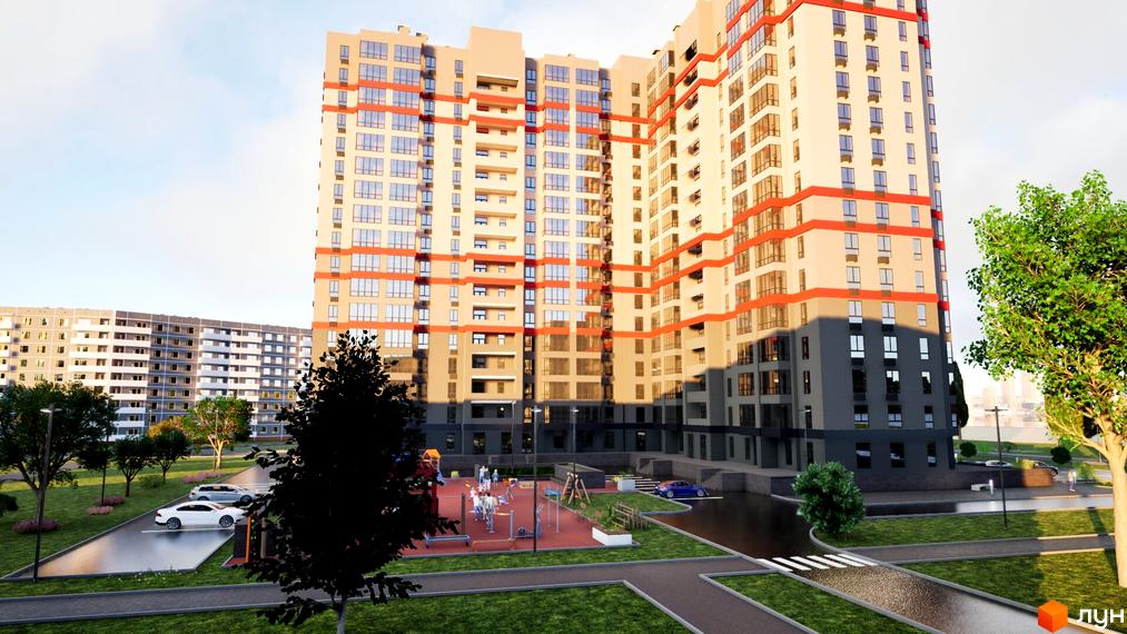 Житловий комплекс Перлина Дніпра з фасадами бежевого та сірого кольорів з червоними горизонтальними смугами, дитячим майданчиком та парковкою.