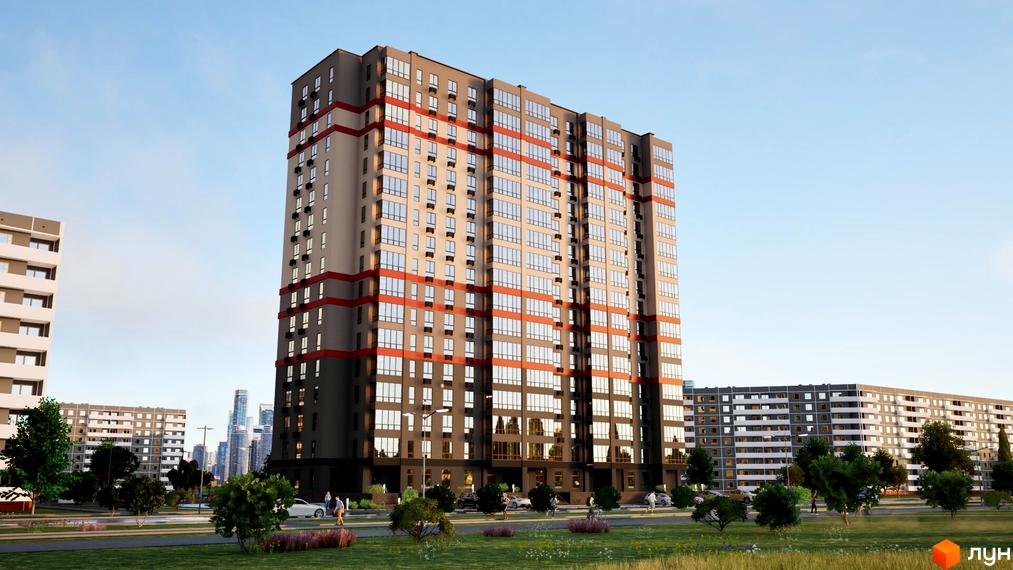 Зовнішній вигляд житлового комплексу Перлина Дніпра з сірими фасадами та червоними смугами, що доповнюється зеленим ландшафтом та іншими будівлями.