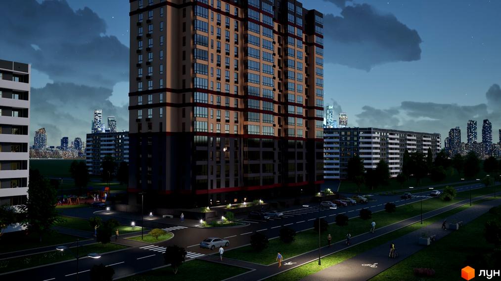 Житловий комплекс Перлина Дніпра з фасадами з вікон та балконів, прибудинкова територія з дорогою та освітленням.