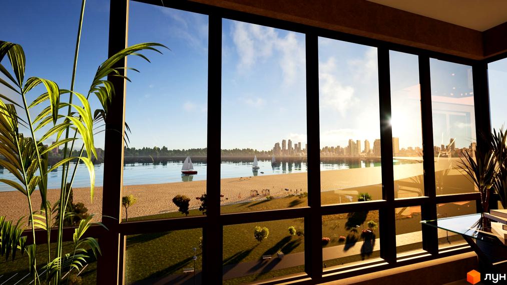 Вид з вікна на набережну міста з човнами та міським пейзажем. Територія навколо будинку з газоном та деревами.