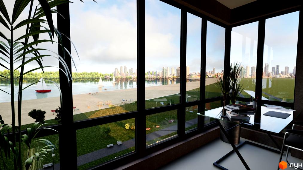 Житловий комплекс Перлина Дніпра з видом на річку та місто. На території комплексу зелені зони та місця для відпочинку.