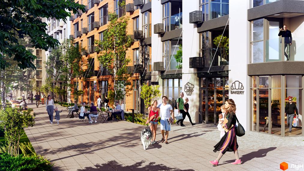 Житловий комплекс Sense City з цегляним фасадом та зеленою прибудинковою територією. Люди прогулюються біля будинку та кафе.