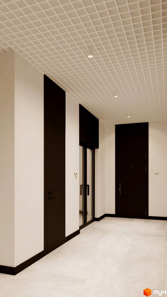 Комплекс Logos Home Apartment. Сучасний коридор з темними дверима та світлою підлогою, що веде до квартир.