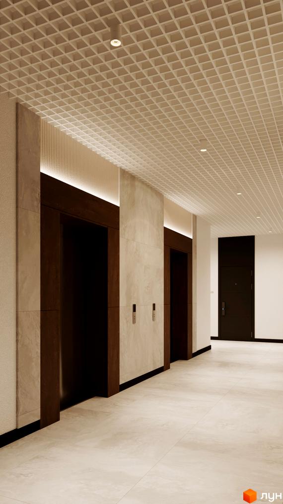 Лобі житлового комплексу Logos Home Apartment з двома дверима ліфта та сітчастою стелею. Сучасний дизайн інтер'єру з мармуровими стінами та дерев'яними елементами.