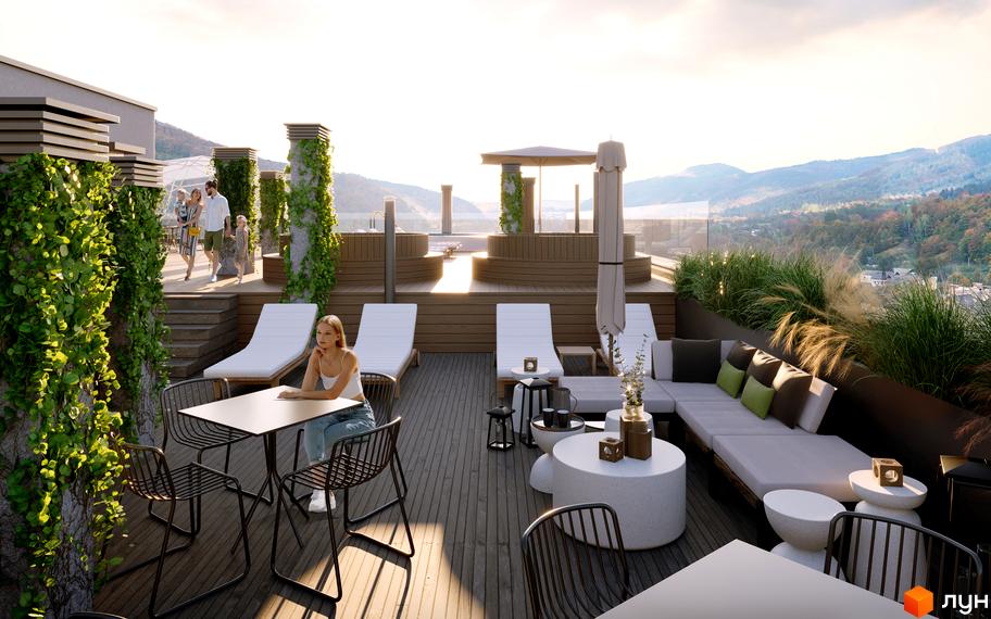 Житловий комплекс Logos Home Apartment з терасою, шезлонгами та зонами відпочинку на фоні гірського пейзажу. Відкрита тераса з меблями та зеленню.