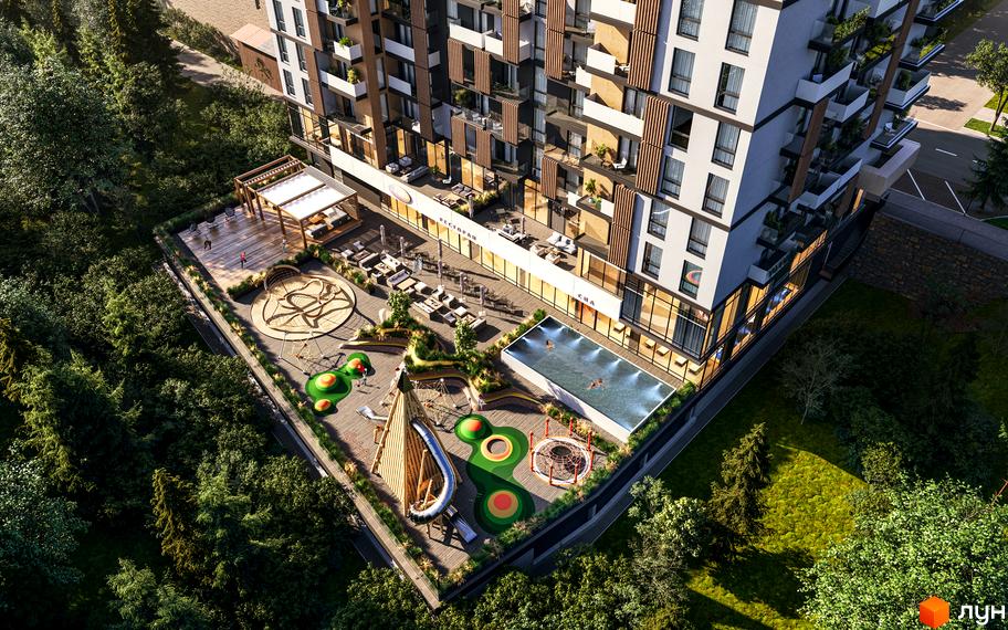 Житловий комплекс Logos Home Apartment з зоною відпочинку та дитячим майданчиком. Сучасна архітектура новобудови та зелена прибудинкова територія.