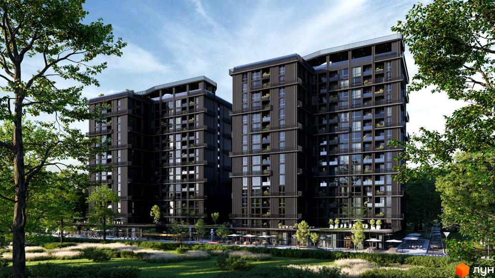 Житловий комплекс PARK AVENUE premium з темними фасадами та балконами, оточений зеленою зоною з деревами та травою. Навколо комплексу облаштована прибудинкова територія з місцями для відпочинку.